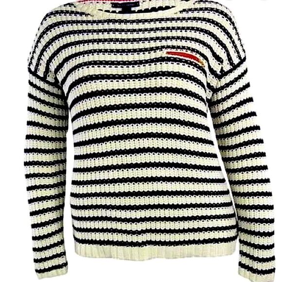 Tommy Hilfiger Cropped Sweater Cream Cable Knit Blue Striped Nautical Size M - Picture 8 of 10